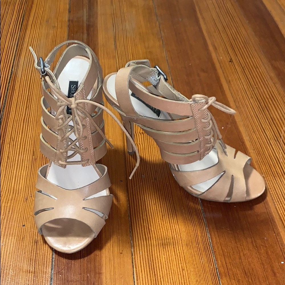 Tan laced up sandal heels